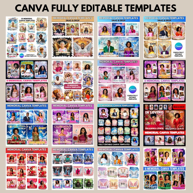 Puede incluir: Una colecci&oacute;n de plantillas de Canva para dise&ntilde;os conmemorativos. Las plantillas presentan varios dise&ntilde;os con fotos, texto y elementos decorativos. El texto incluye frases como "Plantillas Canva conmemorativas" y nombres. La combinaci&oacute;n de colores es variada.