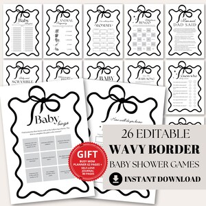 Paquete de juegos minimalistas para baby shower con bordes ondulados, juegos para baby shower con bordes ondulados en blanco y negro, juegos imprimibles modernos para bebés, plantilla de juego digital