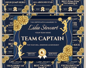 May include: A collection of 30 cheerleading certificate templates. The certificates feature a navy blue background with gold accents, including pom-poms and cheerleader silhouettes. Text includes "High Jump Hero," "Team Captain," and "Excellence in Execution."