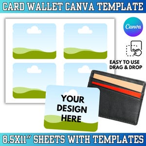 Peut inclure: Un portefeuille de cartes noir à côté d'une feuille de modèles de cartes avec un ciel bleu et un design de colline verte. Le texte "CARD WALLET CANVA TEMPLATE" et "8.5X11" SHEETS WITH TEMPLATES" sont visibles.