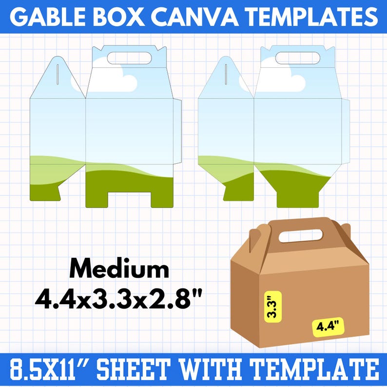 May include: A brown gable box with a handle, labeled "Medium" with dimensions 4.4x3.3x2.8 inches. The image also shows templates for the box with a landscape design and the text "GABLE BOX CANVA TEMPLATES" and "8.5X11" SHEET WITH TEMPLATE".
