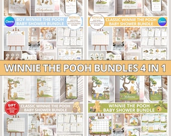 May include: A digital collection of Winnie the Pooh themed baby shower stationery bundles including invitations, welcome signs, calendars, food labels, and thank you tags. The designs feature illustrations of Pooh, Piglet, and Eeyore.