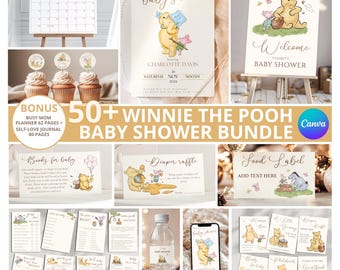 May include: A Winnie the Pooh themed baby shower digital bundle featuring a calendar, welcome sign, cupcake toppers, invitation, diaper raffle, food labels, games, and water bottle labels with illustrations of Pooh, Piglet, and Eeyore.