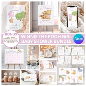 Winnie the Pooh Girl Baby Shower Bundle: Baby Decorations Invite Welcome Sign Due Date Calendar