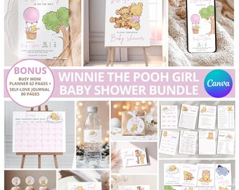 May include: Winnie the Pooh baby shower printable bundle with pink and yellow color scheme. Includes welcome sign, food labels, diaper raffle tickets, and more.  The text "Winnie the Pooh Girl Baby Shower Bundle" is displayed in a pink banner.