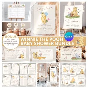 Winnie the Pooh Baby Shower Bundle: Baby Decor, Invitation, Games (Canva Templates)