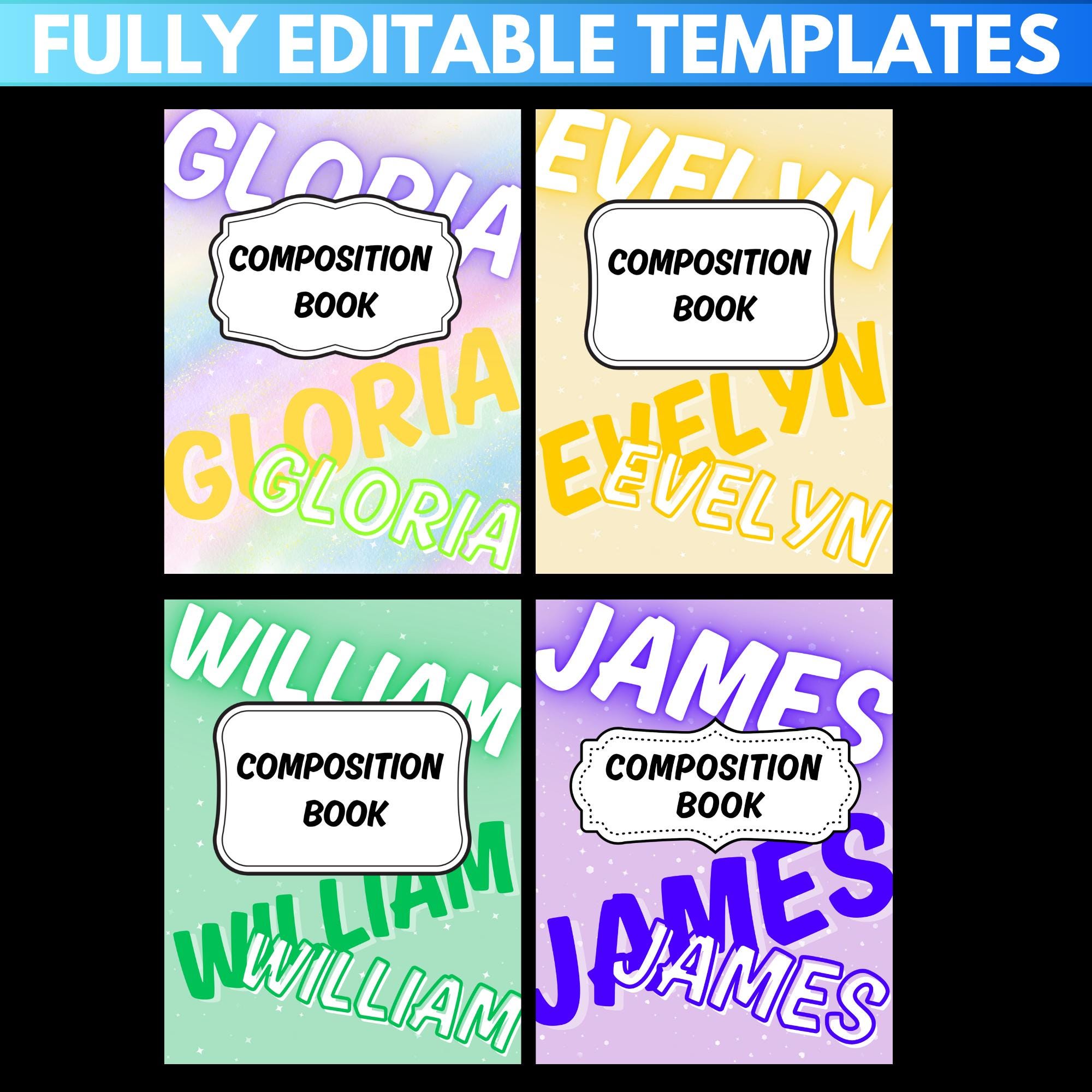 Editable Composition Notebook Cover Templates: Back to School Names ...