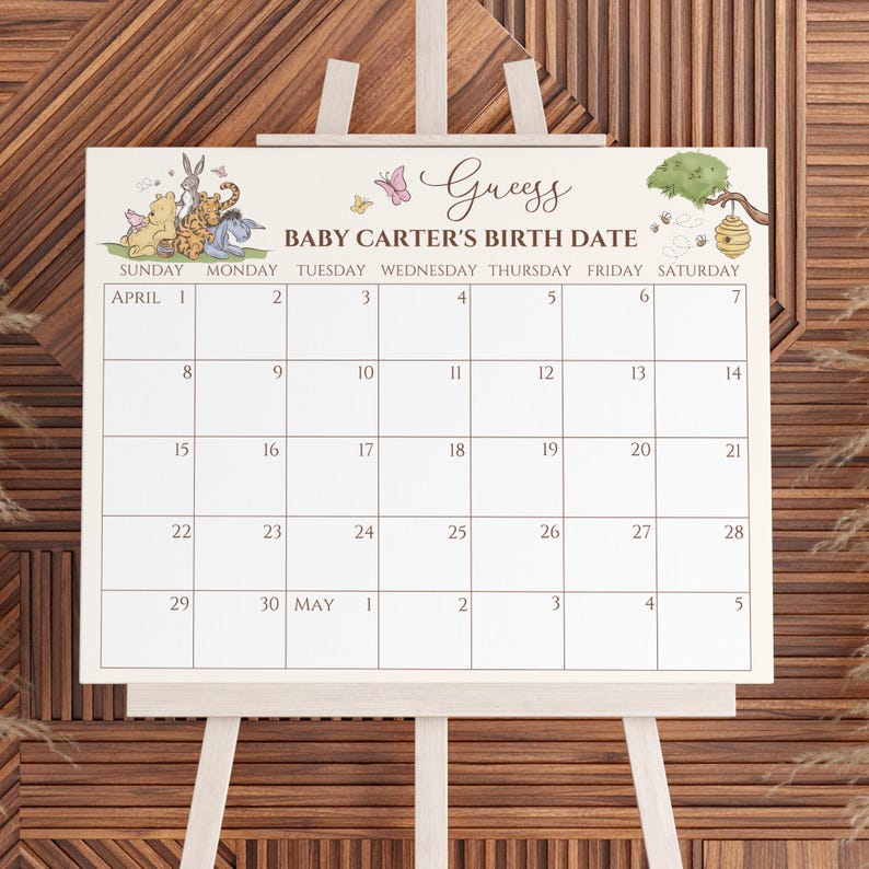 Op de afbeelding: Een printbaar babyshower-spel met een Winnie de Poeh-thema. Het spel is een kalender met de maand april en het begin van mei. Gasten worden gevraagd om de geboortedatum van de baby te raden.