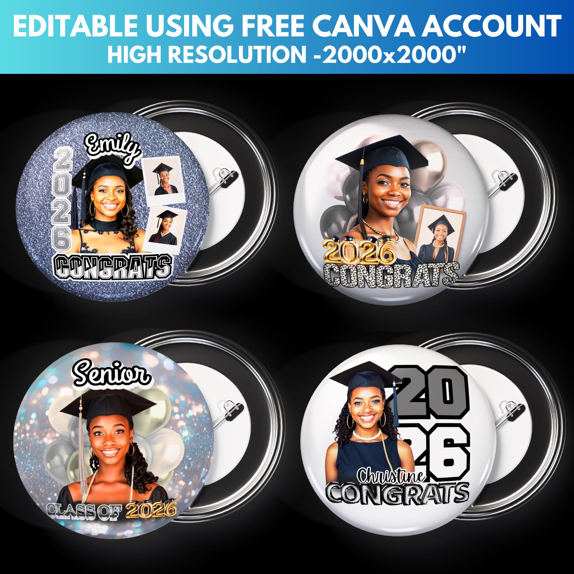 Silver Graduation Pin Button Template: Canva Editable Graduation Party ...