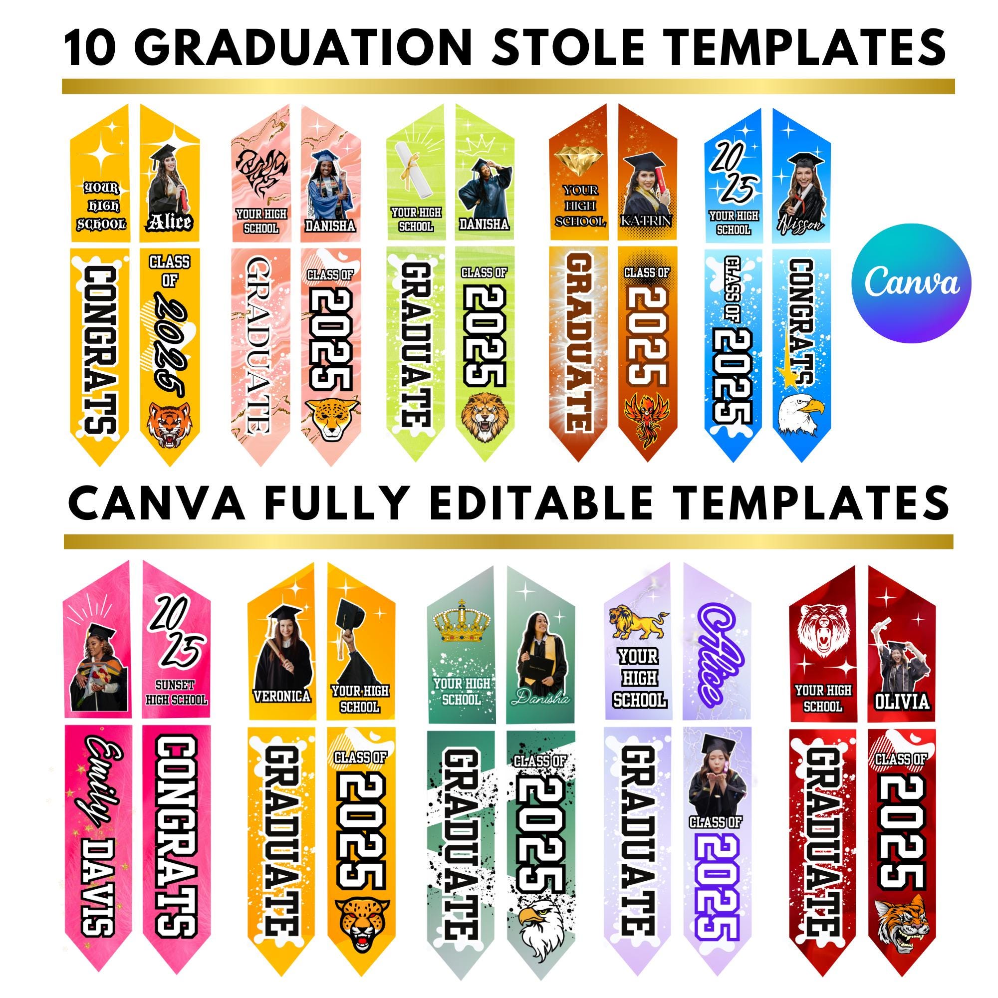10 Graduation Stole Template Canva Bundle Graduation Sublimation, 2025 Grad Stole Editable Graduation Design Personalized Graduate Stole