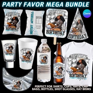 Silver Birthday Design Templates Bundle, Party Favor, Birthday Party Canva Designs For T-shirt, Styrofoam Cup Sticker, Fan Chip Bag Design