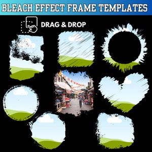 Pu&ograve; includere: Immagine con modelli di cornici con effetto candeggina in varie forme. Le cornici, tra cui quadrati, cerchi e un cuore, presentano un cielo e un paesaggio erboso. Il testo in alto recita "BLEACH EFFECT FRAME TEMPLATES" e "DRAG & DROP".