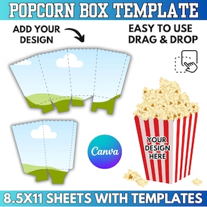 Puede incluir: Una plantilla de caja de palomitas de maíz con el texto "Popcorn Box Template". El diseño incluye una caja de palomitas de maíz a rayas rojas y blancas llena de palomitas de maíz y una plantilla para la caja. También se incluye el texto "Add Your Design" y "Easy to Use Drag & Drop".