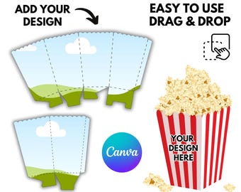 Popcorn Box Template: Snack Box DIY Party Favor Canva Editable