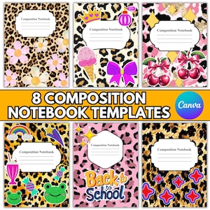 Editable Leopard Print Composition Notebook Cover Templates:  Girl Composition Book Designs, Back To School