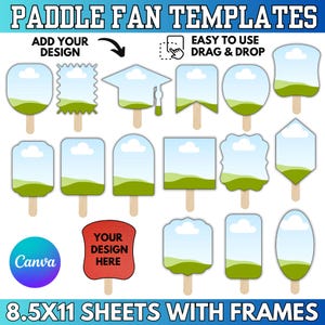 Puede incluir: Una colección de plantillas de abanicos de remo en varias formas, incluyendo un gorro de graduación y un rectángulo. Cada plantilla presenta un diseño de cielo y paisaje, con el texto "ADD YOUR DESIGN" y "EASY TO USE DRAG & DROP". La imagen también incluye el logo de Canva y el texto "8.5X11 SHEETS WITH FRAMES".