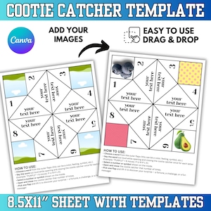 May include: A printable cootie catcher template on an 8.5x11 inch sheet featuring numbered flaps, placeholders for custom text, and graphic elements like blueberries, an avocado, and patterns. Includes instructions for use and drag and drop features.