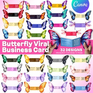 Può includere: Una collezione di design per biglietti da visita a tema farfalla in vari colori. I biglietti presentano un design ad ala di farfalla con spazio per un logo e informazioni di contatto. Il testo "Butterfly Viral Business Card" è visibile.