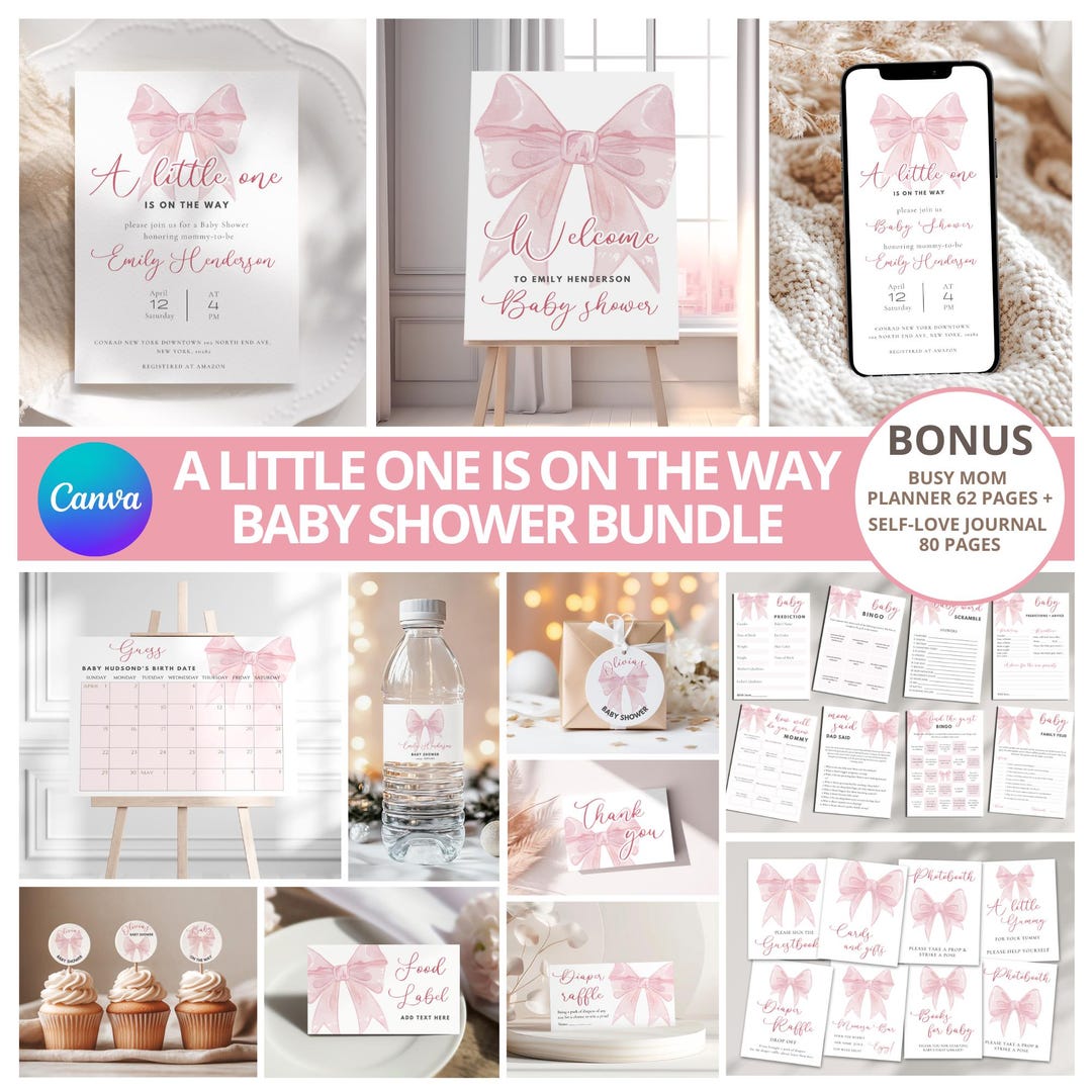 Pink Bow Baby Shower Invitation Bundle: Watercolor Girl Baby Canva ...