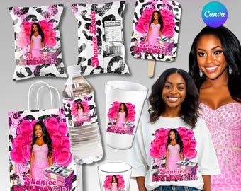 Pink Birthday Party Templates Bundle: Canva Designs For T-shirt, Styrofoam Cup Chip Bag