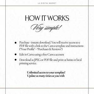 May include: A white graphic with the text "HOW IT WORKS" and "Very simple!" in elegant fonts. Bullet points detail the process: purchase, edit in Canva, and download as JPEG or PDF. The text also mentions unlimited access to the template.