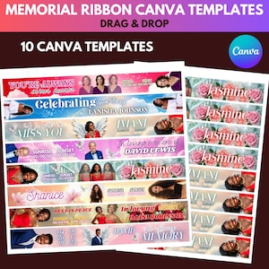 Peut inclure: Ensemble de 10 modèles Canva pour rubans commémoratifs. Les modèles présentent des textes tels que « Vous êtes toujours dans nos cœurs », « Célébrer la vie de » et « Repose en paix ». Les motifs incluent des graphiques floraux et des ailes d'ange.