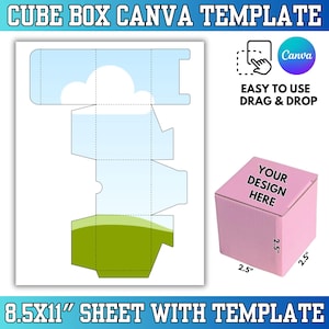 May include: A template for a cube box design, featuring a diagram with dotted lines and a pink box mockup. The text includes "CUBE BOX CANVA TEMPLATE", "EASY TO USE DRAG & DROP", and "YOUR DESIGN HERE". The box dimensions are 2.5 inches. The sheet size is 8.5x11 inches.
