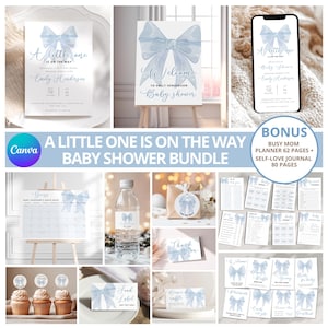 May include: A baby shower bundle with a blue watercolor bow theme. The bundle includes invitations, welcome sign, water bottle labels, favor tags, cupcake toppers, food labels, raffle tickets, and a busy mom planner. The text "A little one is on the way" is featured throughout the design.