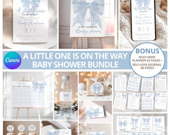 May include: A baby shower bundle with a blue watercolor bow theme. The bundle includes invitations, welcome sign, water bottle labels, favor tags, cupcake toppers, food labels, raffle tickets, and a busy mom planner. The text "A little one is on the way" is featured throughout the design.