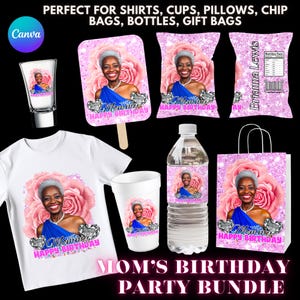 Mom&#39;s Birthday Party Design Templates Bundle: Party Favor Set, Styrofoam Cup T-shirt