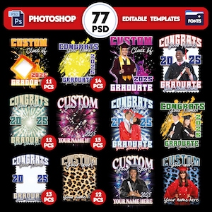 May include: A set of 77 customizable graduation Photoshop templates. The templates feature various designs with different colors, patterns, and text. The templates are perfect for creating personalized graduation announcements, invitations, or social media posts.