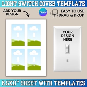 Może przedstawiać: Biały szablon osłony przełącznika światła z tekstem "LIGHT SWITCH COVER TEMPLATE". Szablon zawiera arkusz z czterema wzorami krajobrazu i pojedynczą osłonę przełącznika z tekstem "YOUR DESIGN HERE". Arkusz ma wymiary 21,59 x 27,94 cm.