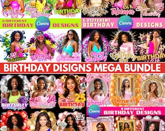 Birthday Design Templates Bundle: 4-in-1 Canva Birthday Party Favor Set, T-shirt Designs Bundles