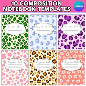 Leopard Print Composition Book Cover Templates: Editable Composition Notebook Canva Designs, Back To School