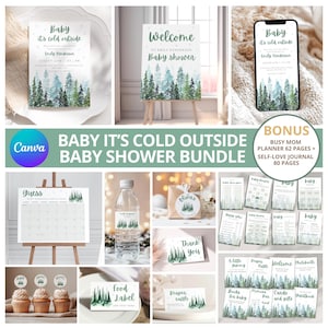 Winter Forest Baby Shower Invitation Bundle: Baby Its Cold Outside Party Set (CANVA)