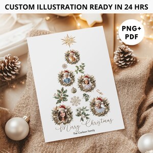 Desenhado a partir de foto Retrato de família para cartão de Natal, Cartão de Natal de família personalizado, Cartão de Natal personalizado, Cartão de foto de Natal