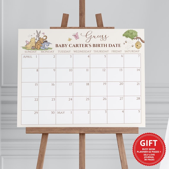 Winnie the Pooh Baby Shower Due Date Calendar: Editable Prediction Game (Digital Download)
