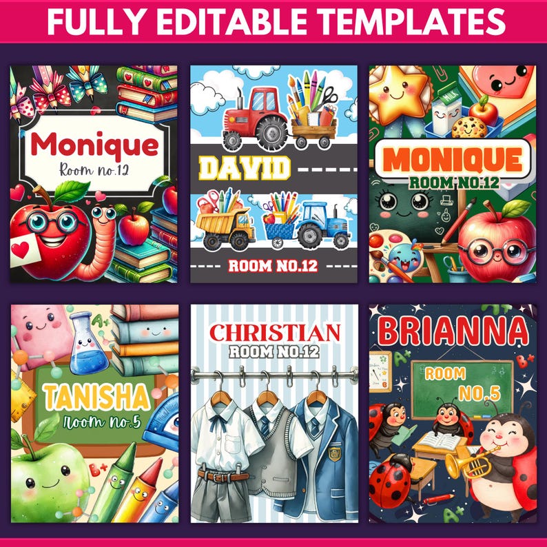 Peut inclure: Une collection de mod&egrave;les scolaires enti&egrave;rement modifiables et color&eacute;s. Les motifs comprennent des illustrations de pommes, de vers, de fournitures scolaires et de noms d'enfants. Le texte comprend des noms comme Monique, David, Christian, Tanisha et Brianna, avec des num&eacute;ros de chambre.