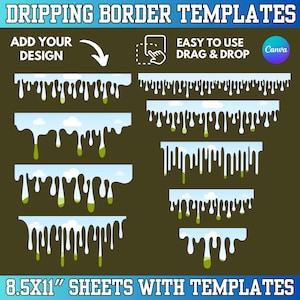 May include: A digital design featuring dripping border templates in various styles. The image includes the text "DRIPPING BORDER TEMPLATES", "ADD YOUR DESIGN", and "EASY TO USE DRAG & DROP". The templates are designed for 8.5x11 inch sheets.