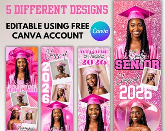 Pink Graduation Banner Canva Editable Template Bundle: Class of 2026 Celebration Grad Party Decor