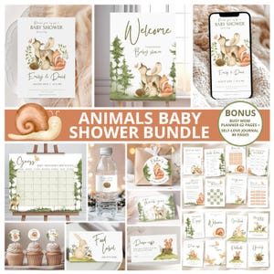 Woodland Animals Baby Shower Bundle: Baby Invitation, Games, Sign (Editable Canva Template)