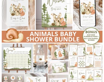 Woodland Animals Baby Shower Bundle: Baby Invitation, Games, Sign (Editable Canva Template)