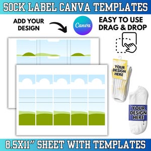 Op de afbeelding: Een afbeelding met Canva-sjablonen voor sokkenlabels. Het ontwerp bevat de tekst "Add Your Design" en "Easy to Use Drag & Drop". De afbeelding toont een sok met een label "Your Design Here". Het velformaat is 21,6 x 27,9 cm.