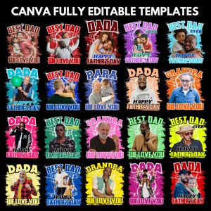 K&ouml;nnte beinhalten: Eine Sammlung farbenfroher T-Shirt-Designs zum Vatertag. Jedes Shirt zeigt ein Foto einer Person mit den Worten "Best Dad Ever", "Dada", "Papa" oder "Grandpa". Die Shirts haben eine Vielzahl von Hintergr&uuml;nden und Textfarben.