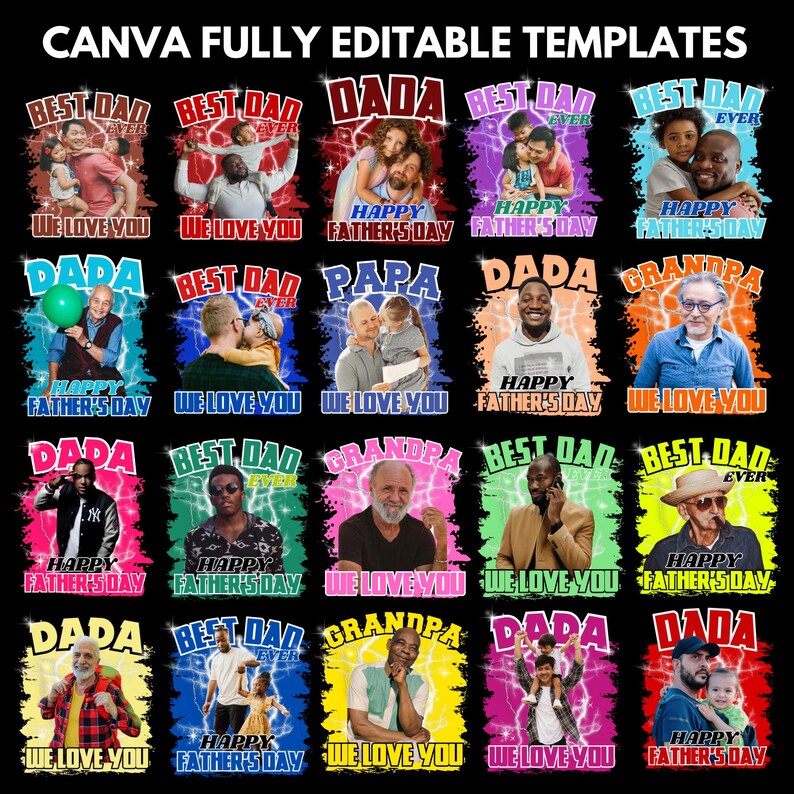 K&ouml;nnte beinhalten: Eine Sammlung farbenfroher T-Shirt-Designs zum Vatertag. Jedes Shirt zeigt ein Foto einer Person mit den Worten "Best Dad Ever", "Dada", "Papa" oder "Grandpa". Die Shirts haben eine Vielzahl von Hintergr&uuml;nden und Textfarben.