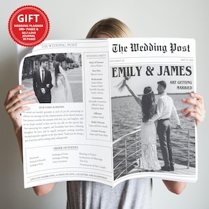 May include: A wedding announcement newspaper template with a black and white photo of the couple on a boat. The headline reads "Emily & James are getting married". The newspaper also includes a list of the wedding party and the order of events.