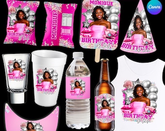 Birthday Party Design Templates Bundle: T-shirt, Styrofoam Cup, Canva Editable Party Favor Pack