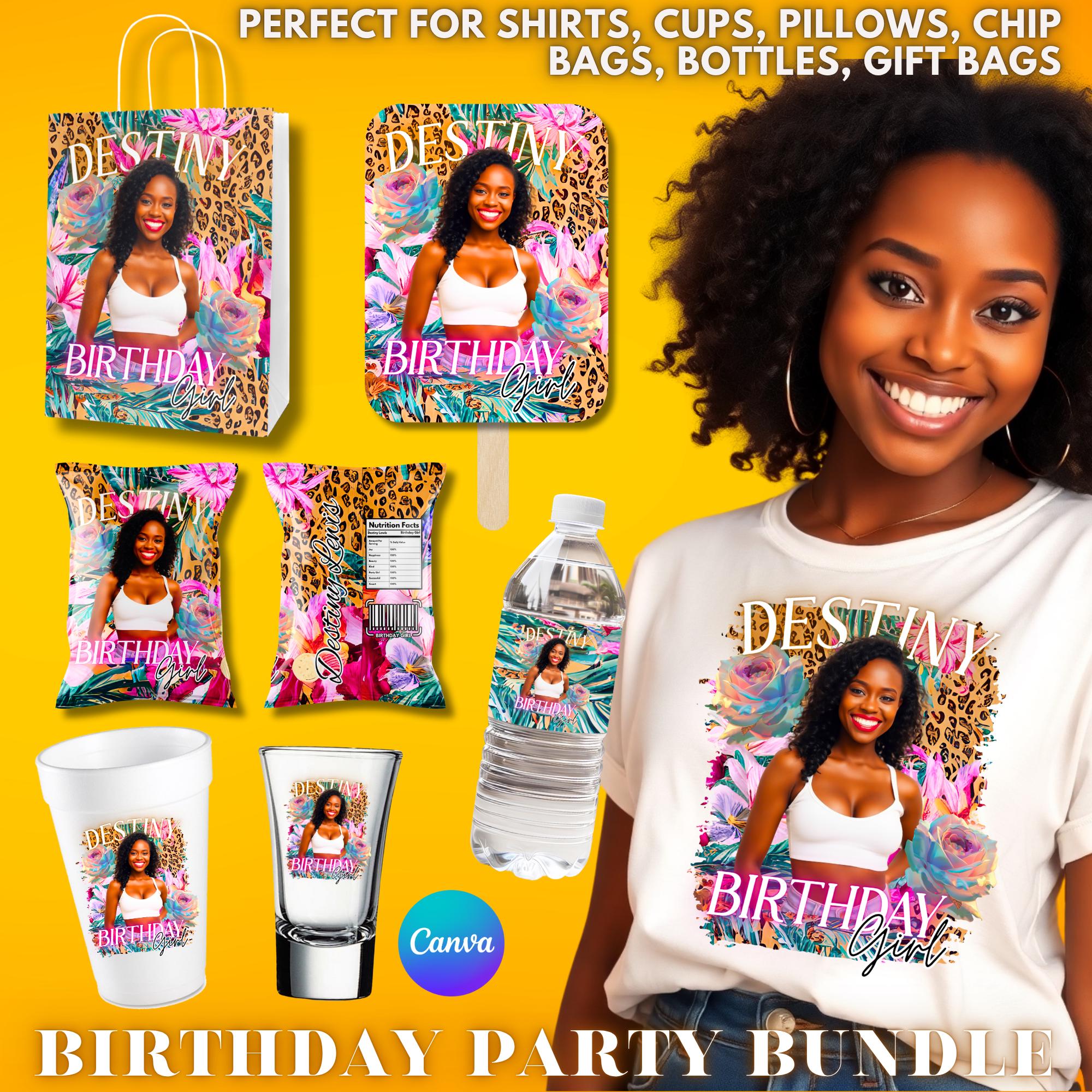 Leopard Birthday Party Templates: Canva Designs,  Birthday Shirt Styrofoam Cup Sticker Chip Bag