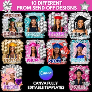 Pu&ograve; includere: Un collage di dieci diversi design per le feste di fine anno scolastico. Ogni design presenta una foto di una donna sorridente con un cappello di laurea, con il testo "PROM Send Off" e un nome. I design sono in vari colori.