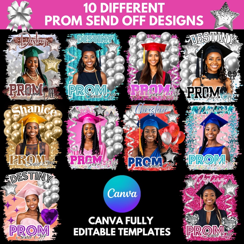 Pu&ograve; includere: Un collage di dieci diversi design per le feste di fine anno scolastico. Ogni design presenta una foto di una donna sorridente con un cappello di laurea, con il testo "PROM Send Off" e un nome. I design sono in vari colori.
